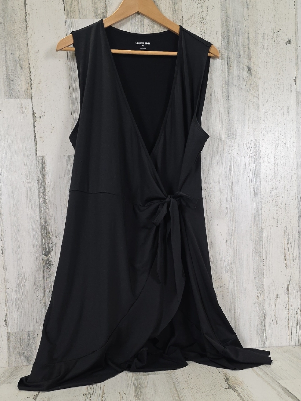 Lands' End Black Sleeveless Wrap Midi Dress Side Tie Swim Coverup Size XL 18